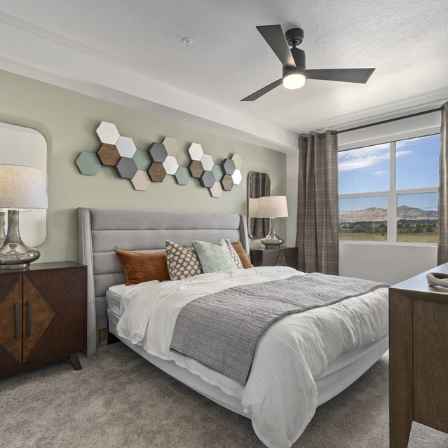 Ember Peaks at American Fork - Bedroom with Ceiling Fan and View Outside